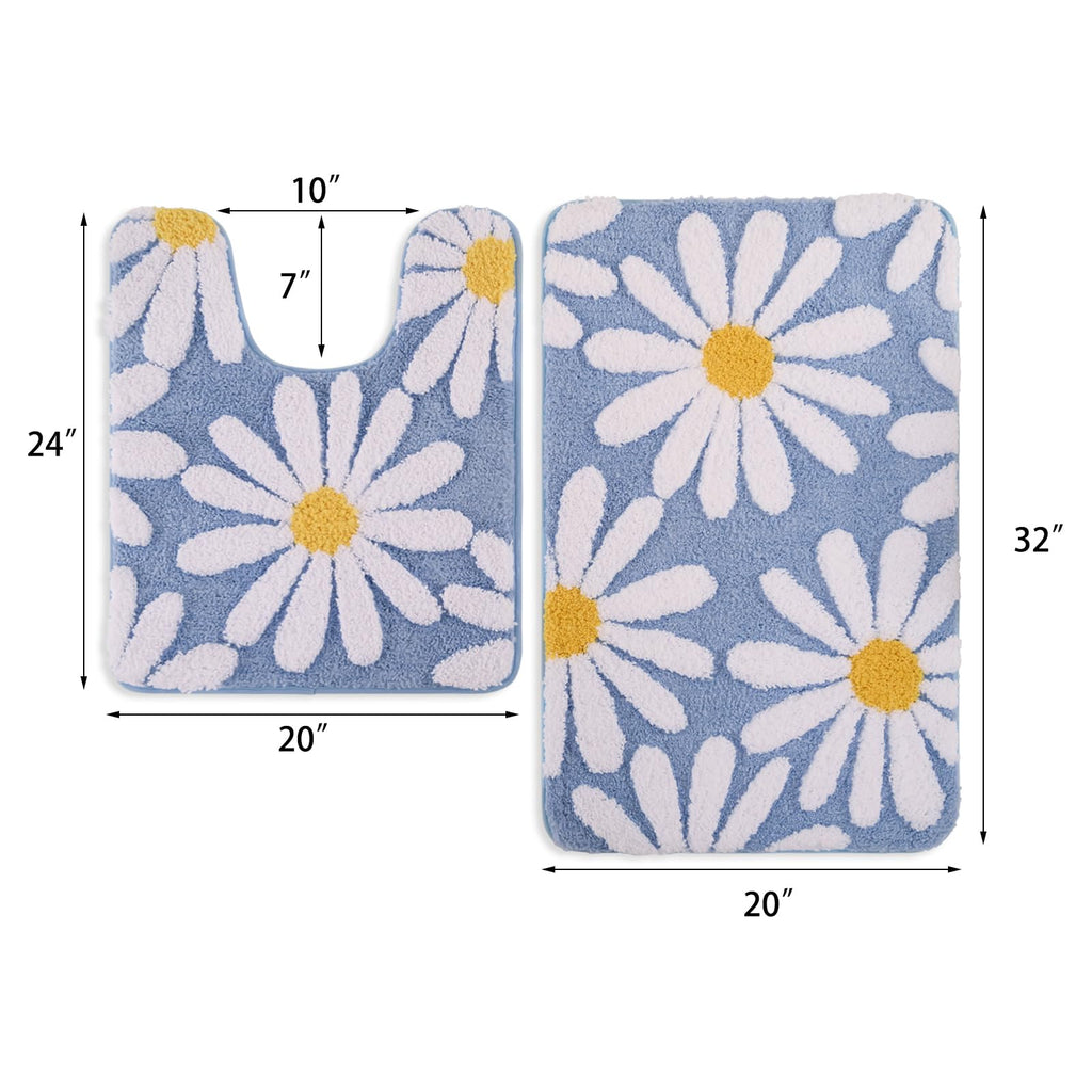 U Shaped Toilet Mat Cute Daisy Contour Bath Rug 20"x20", Extra Thick Soft Machine Washable Toilet Carpet, Non Slip Bathroom Floor Mats Super Absorbent Microfiber Bath Rugs