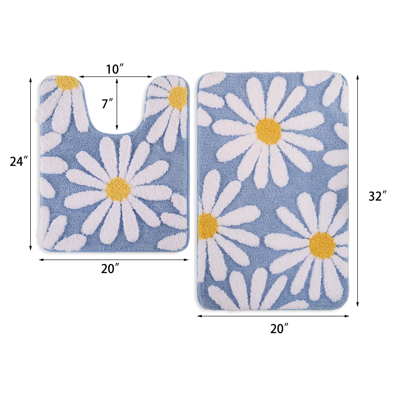 U Shaped Toilet Mat Cute Daisy Contour Bath Rug 20"x20", Extra Thick Soft Machine Washable Toilet Carpet, Non Slip Bathroom Floor Mats Super Absorbent Microfiber Bath Rugs