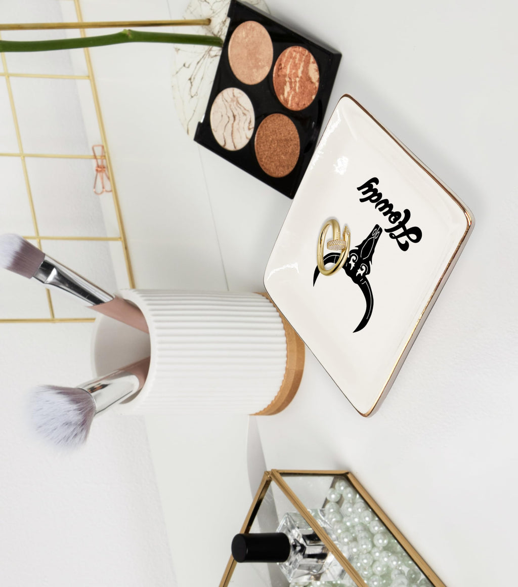 Ceramic Jewelry Tray Dish, Pink Print Jewelry Plate Trinket Dish