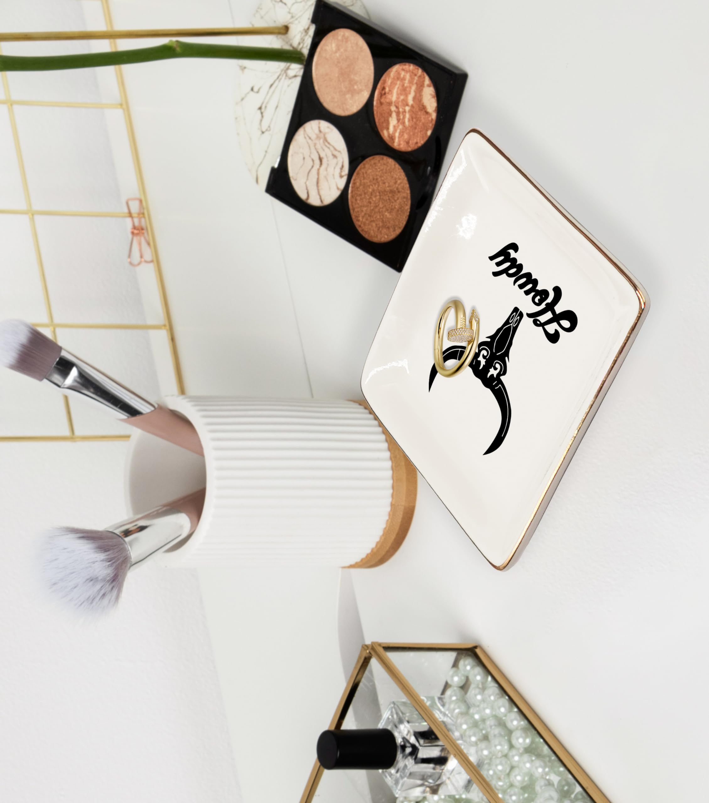 Ceramic Jewelry Tray Dish, Pink Print Jewelry Plate Trinket Dish