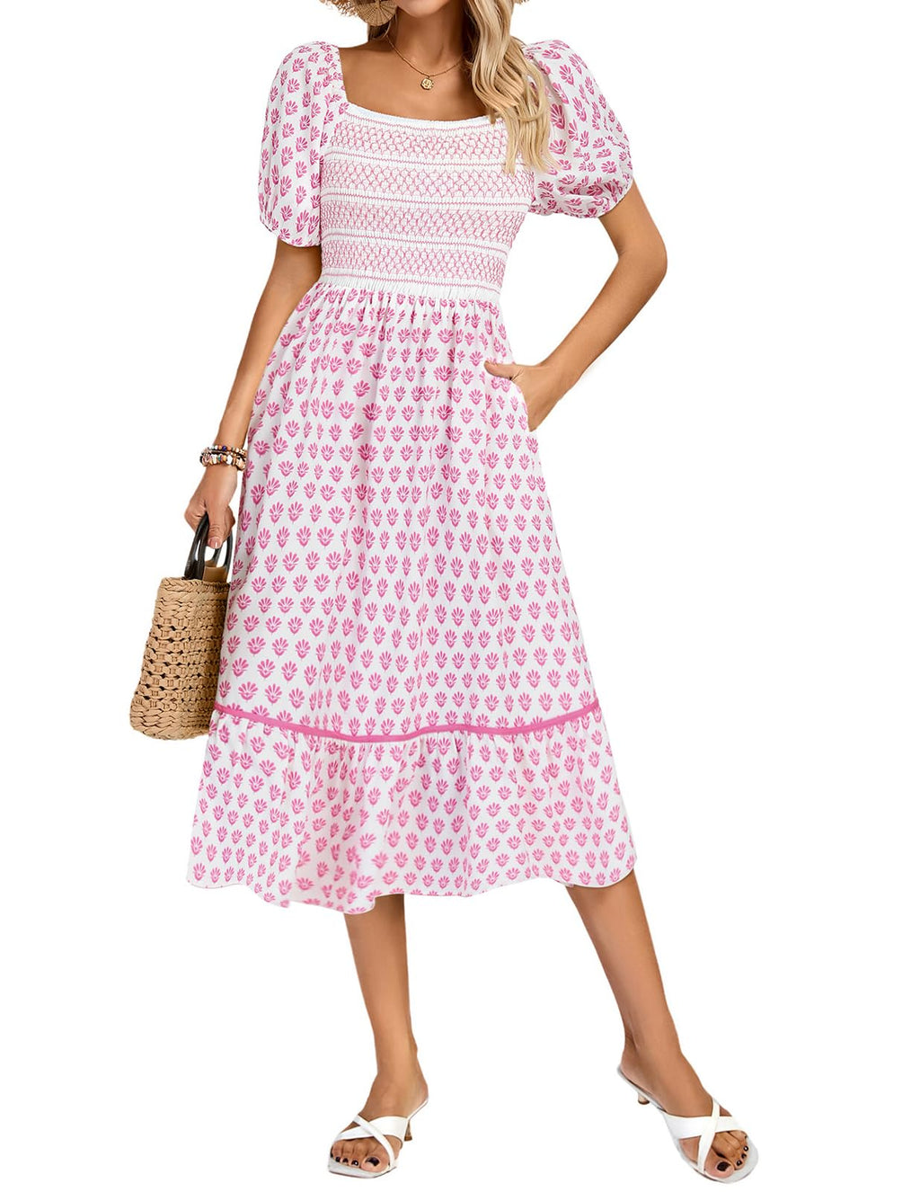 Kate Kasin Women's Summer Floral Boho Dresses Casual Square Neck Smocked Flowy Tiered Beach Midi Dress with Pockets