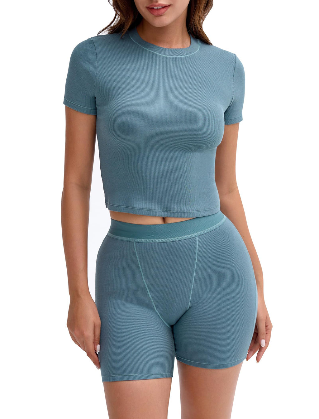 Two Piece Outfits for Women Matching Set Tracksuit Casual Workout Clothes Cotton Ribbed T-shirt Boxer Shorts