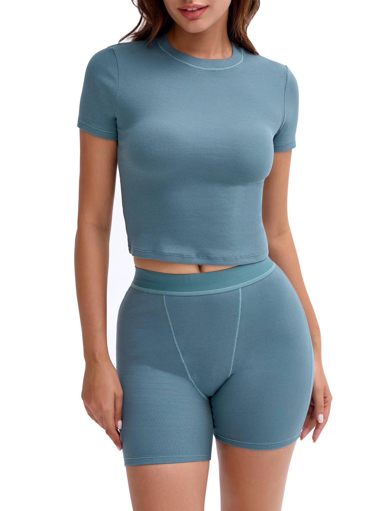 Two Piece Outfits for Women Matching Set Tracksuit Casual Workout Clothes Cotton Ribbed T-shirt Boxer Shorts