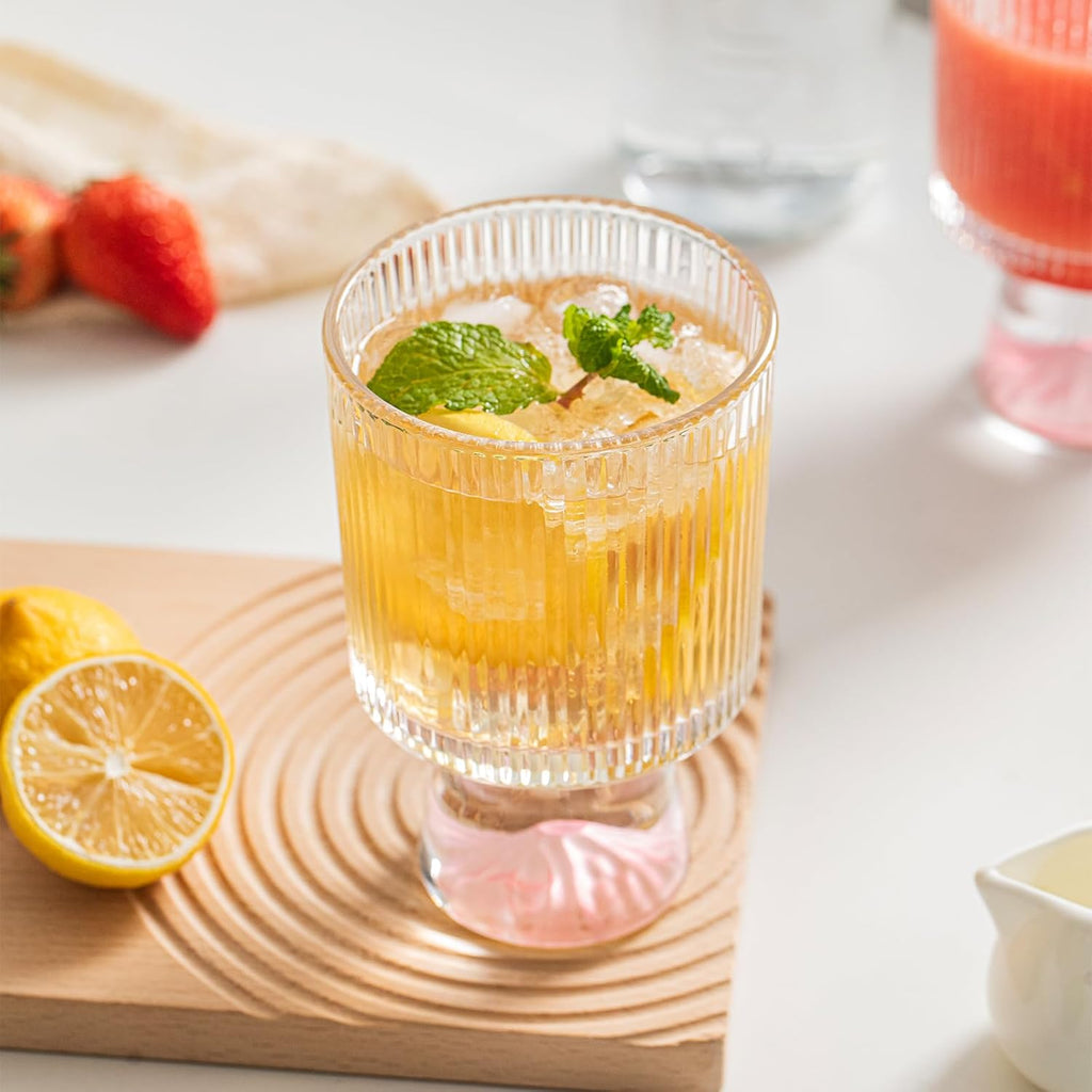 Durable Glass 4-Piece Clear Ribbed Cocktail Glasses, 12oz Featuring a Stabilizing Conical Base with a Pink Ombre Finish