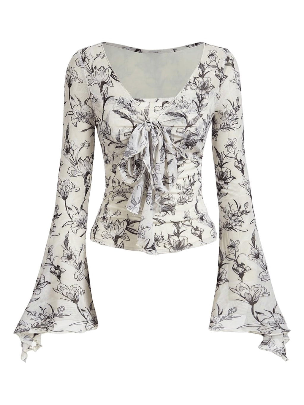 Verdusa Women's Floral Print Mesh Bell Sleeve Tie-Front Top with Lettuce Trim