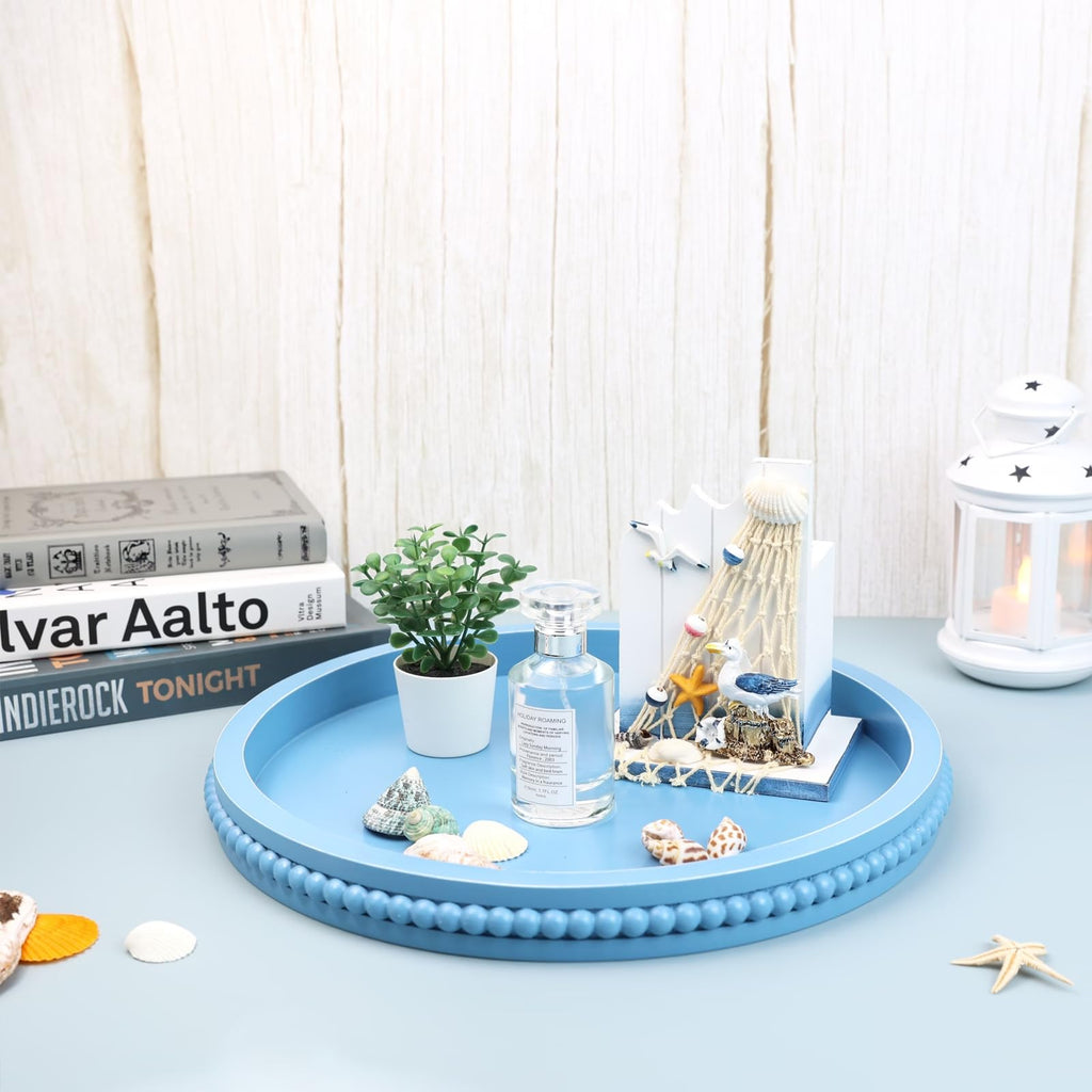 Round Wood Decorative Ottoman Tray for Coffee Table Kitchen Counter, Living Room, Handcrafted Wooden Serving Tray for Table Centerpiece