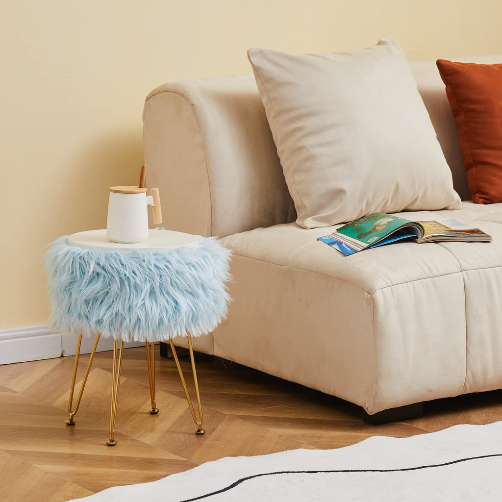 Faux Fur Storage Ottoman Round Furry Vanity Stool Marble Grain Tray Coffee Table Compact Footrest Stool with 4 Metal Legs Soft Makeup Seat Foot Stools for Living Room Bedroom Entryway
