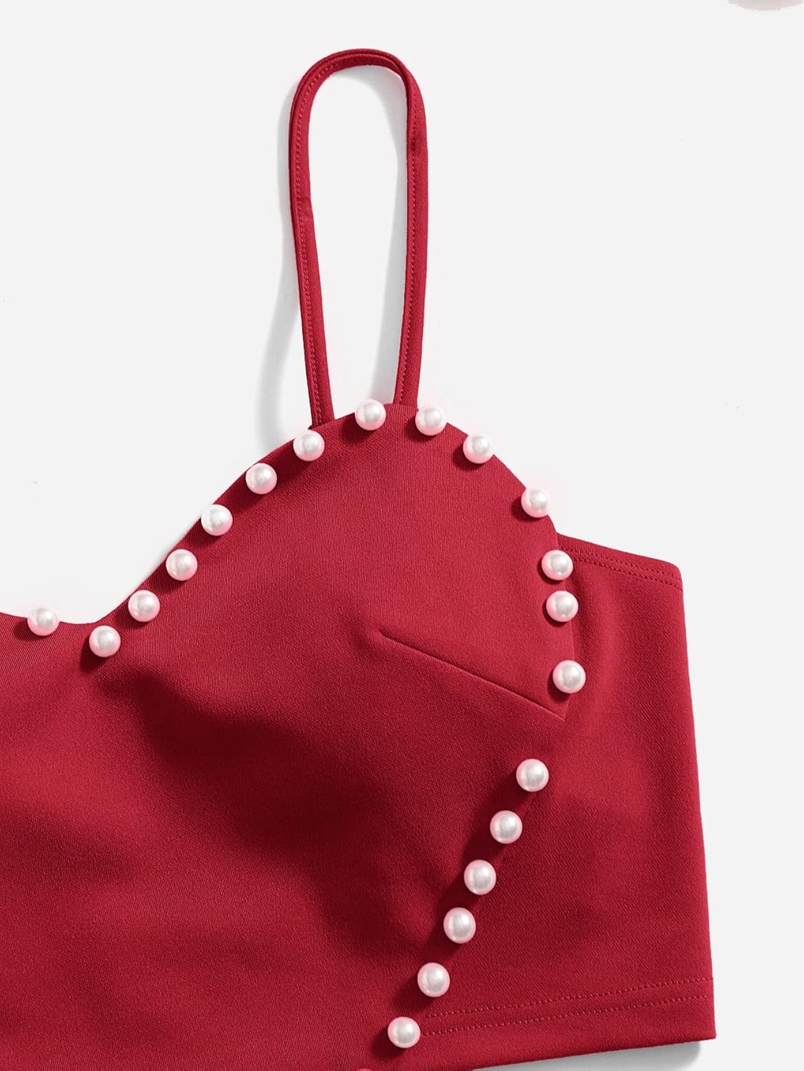 Women's Pearls Sleeveless Asymmetrical Hem Heart Crop Cami Top Sexy Camisole