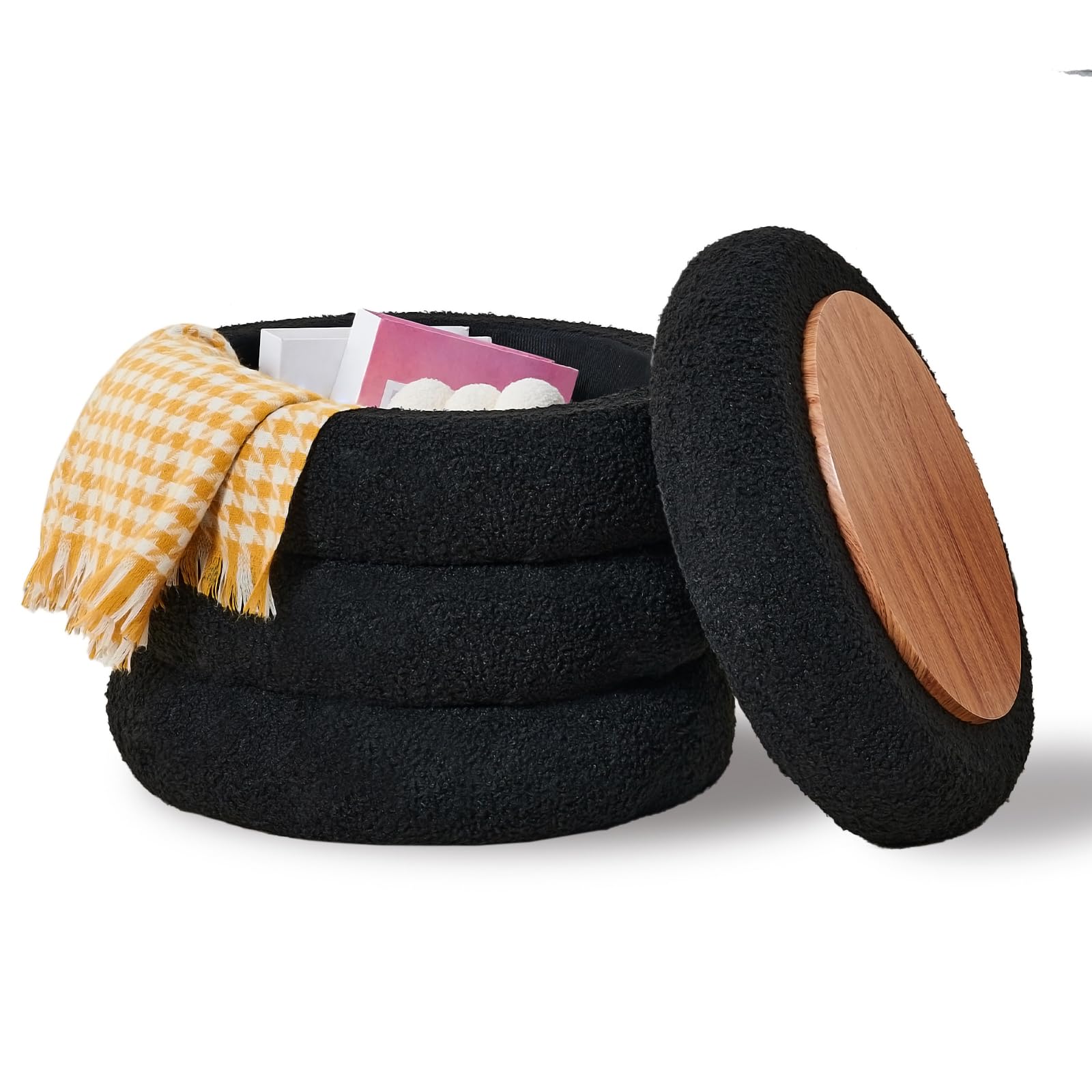 Round Storage Ottoman, Modern Sherpa Footstool with Flip-Top