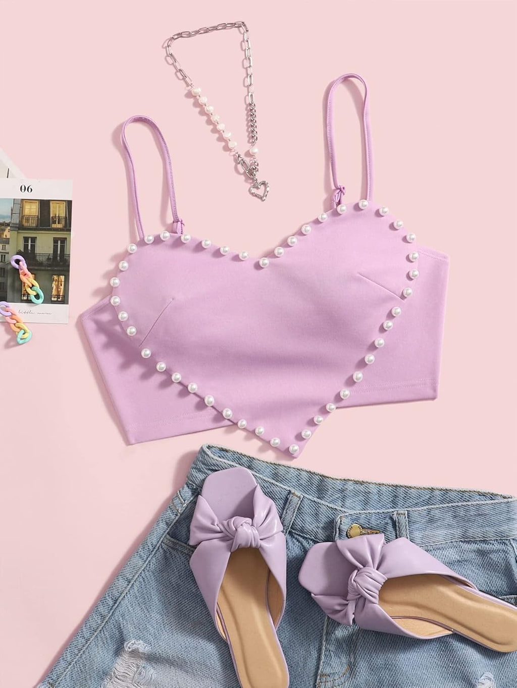 Women's Pearls Sleeveless Asymmetrical Hem Heart Crop Cami Top Sexy Camisole