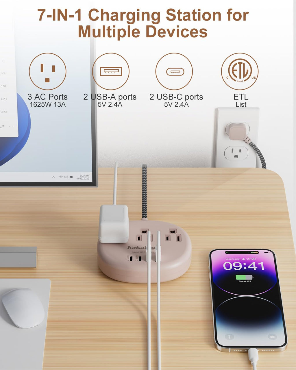 Cute Surge Protector â€?5FT Flat Extension Cord, 3 Outlets, 4 USB Ports (24W)