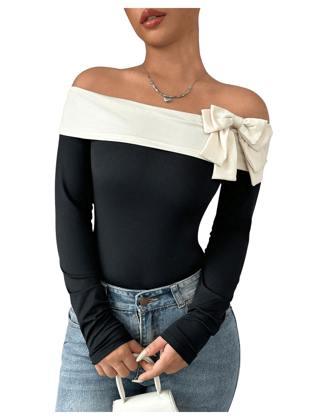 Women's Colorblock Bow Tie Off Shoulder Long Sleeve Bodysuit Elegant Tops