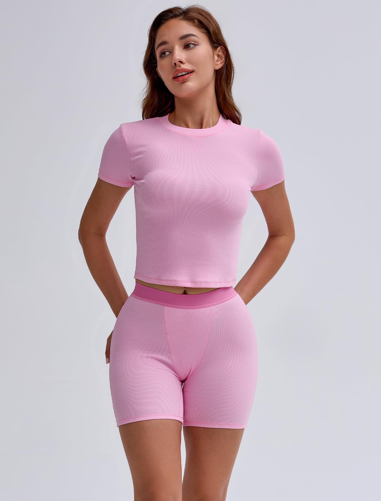 Two Piece Outfits for Women Matching Set Tracksuit Casual Workout Clothes Cotton Ribbed T-shirt Boxer Shorts