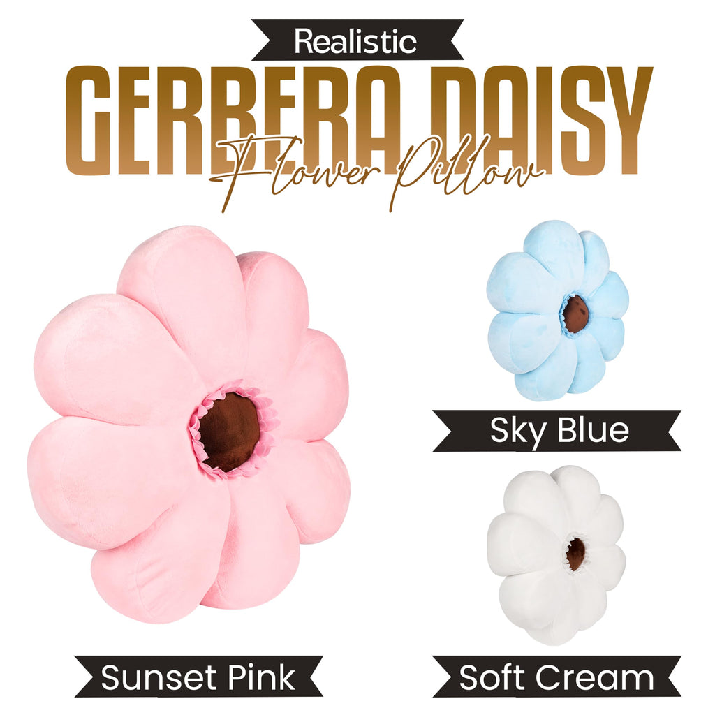 Gerbera Daisy Cute Preppy Flower 17-inch Pillow, Ultra Soft Hand-Stitched Premium Plush Fabric, Decorative Accent Throw Pillow, (Sunset Pink)