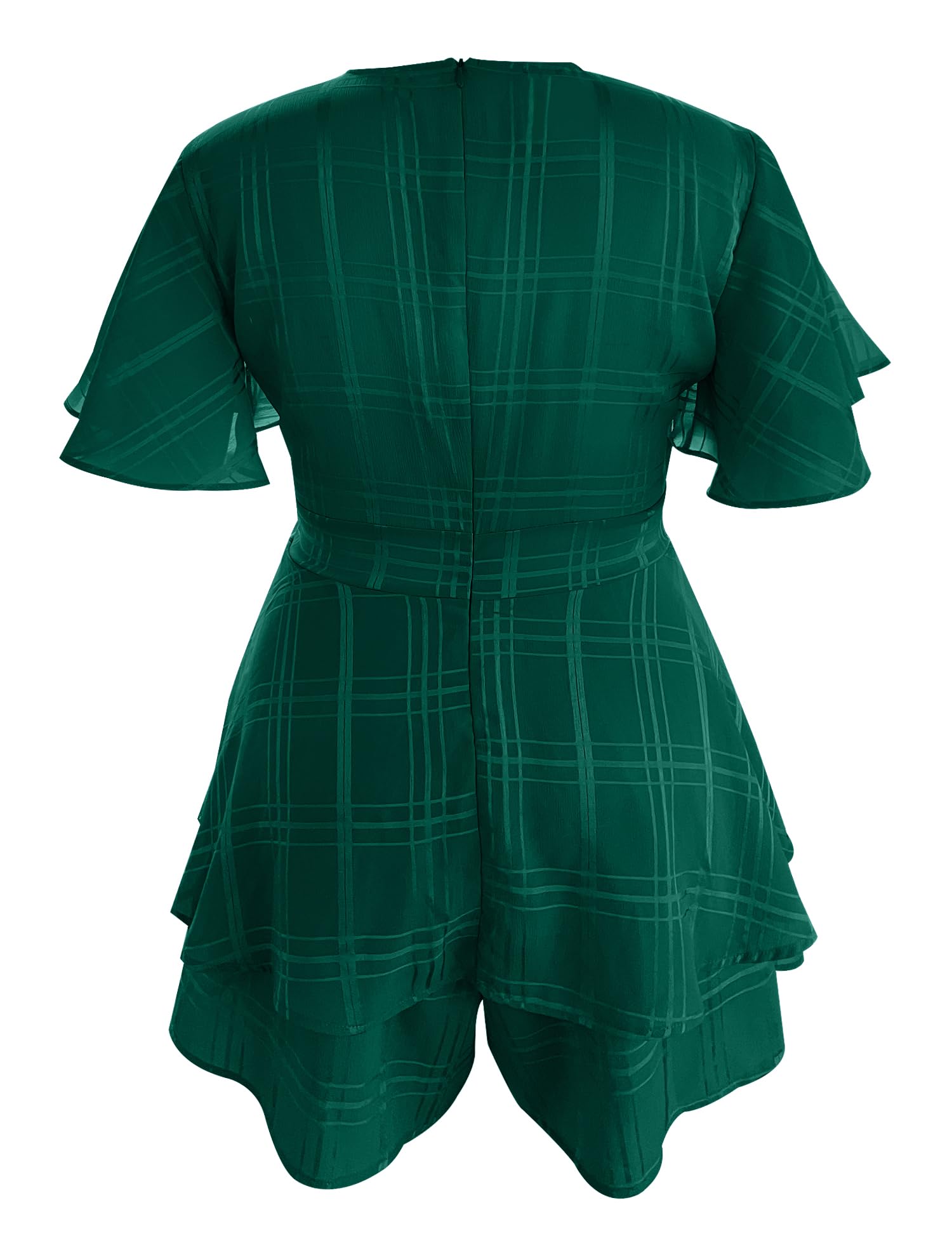 Women's Floral Rompers Jumpsuits V Neck Short Baggy Sleeve Waist Tie Double Layer Ruffle Hem Romper