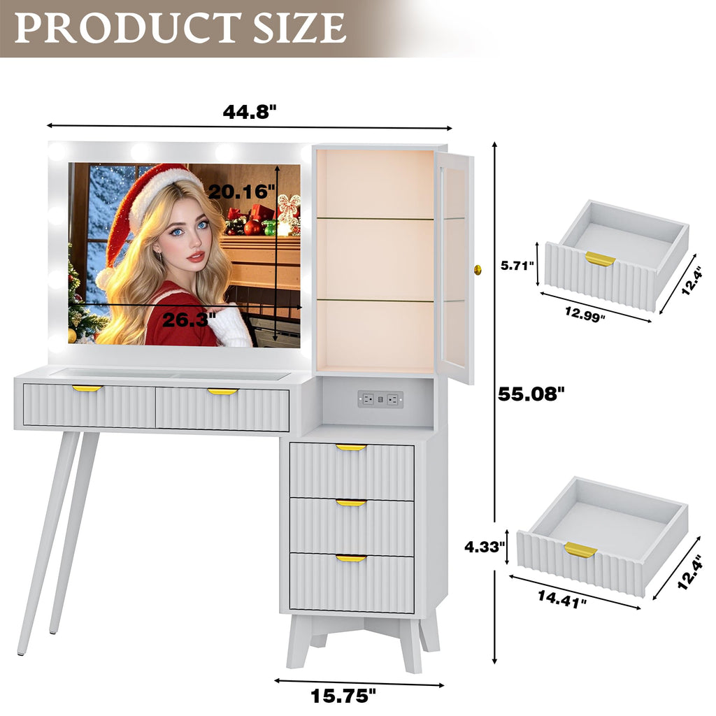 Fluted Vanity Desk with Mirror and Lights, 45" Glass Top Makeup Table Set with 5 Drawers, Power Outlet & Storage Cabinet, Large Dressing Table with RGB Ambient Light
