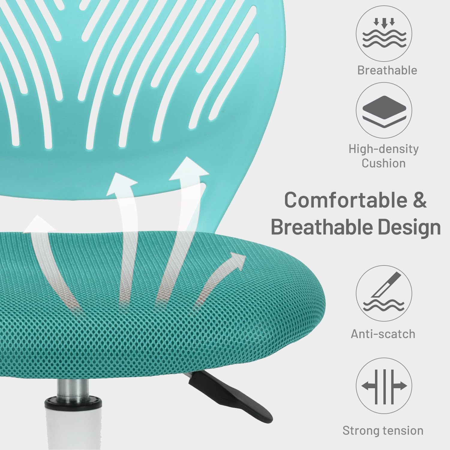 Study Desk Chair Armless Cute, Ergonomic Small Swivel Adjustable Rolling Lightweight Task Chair with Wheels and Mesh Padded Cushion