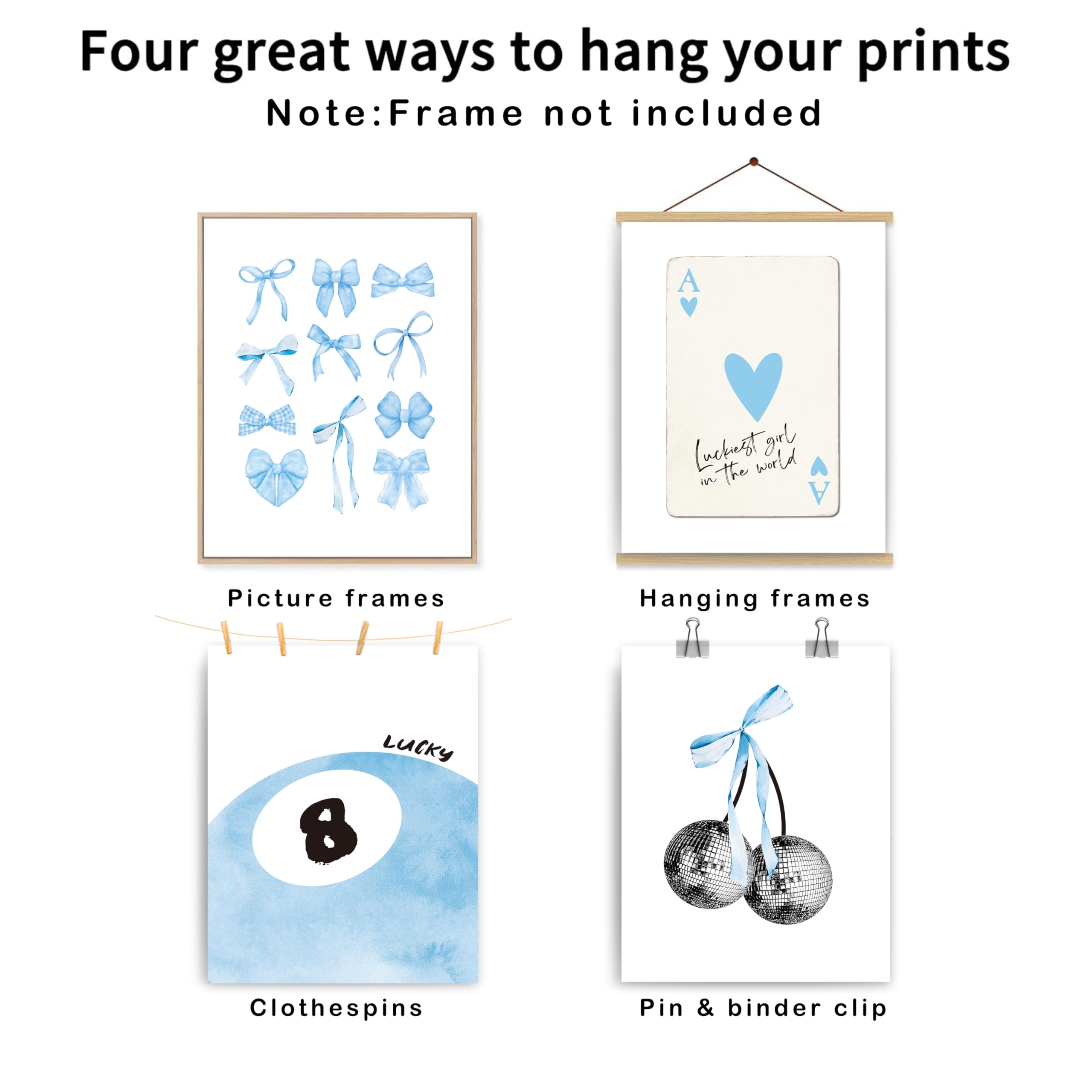 Set of 4 Coquette Preppy Wall Art Prints â€?8x10 Unframed Posters Featuring Bow, Disco, 8-Ball, and Cherry Designs Room Decor