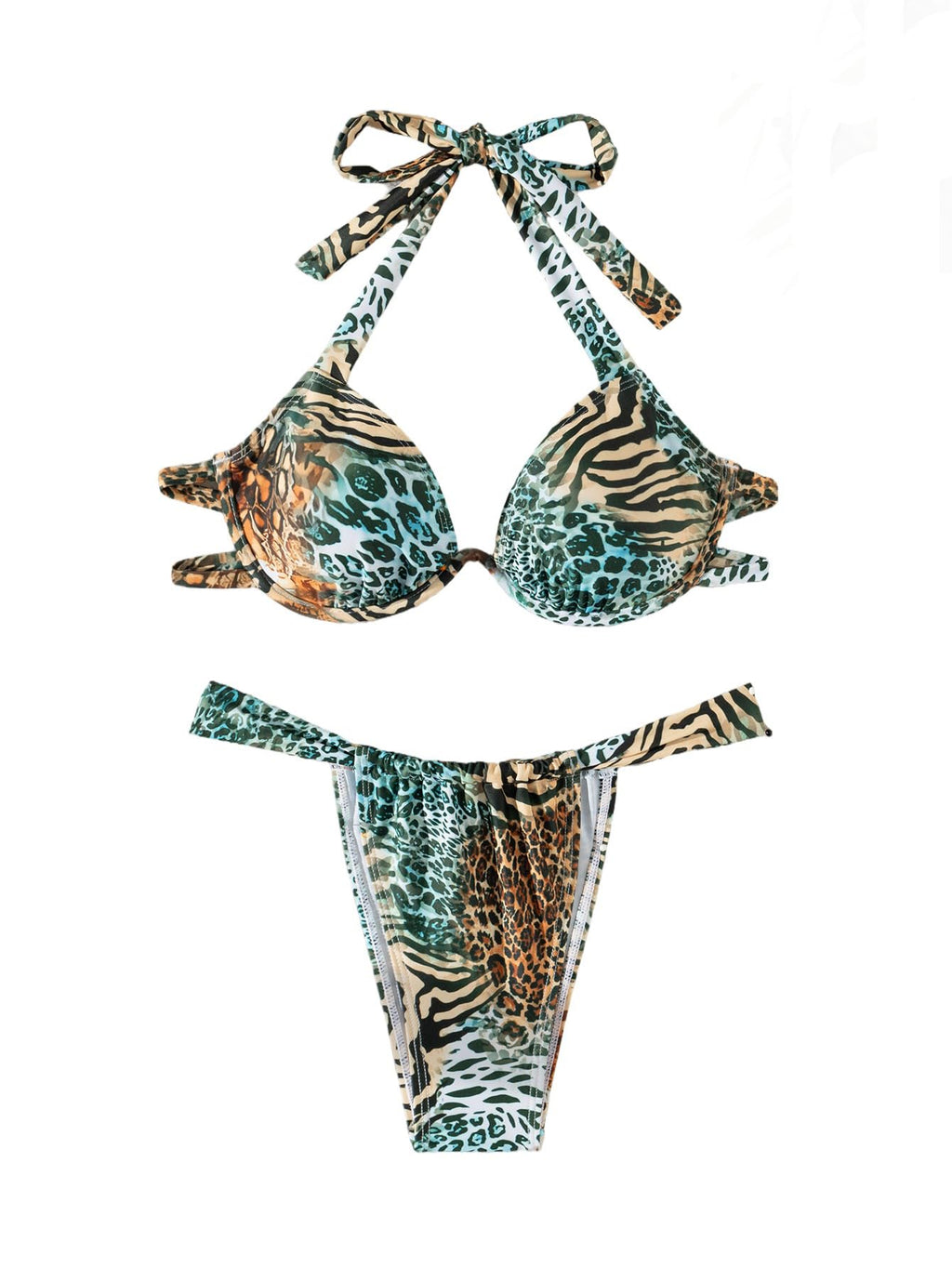 Women's Underwire Bikini Set 2 Piece Leopard Print Halter Bikini and Thong Brazilian Swimsuit Set