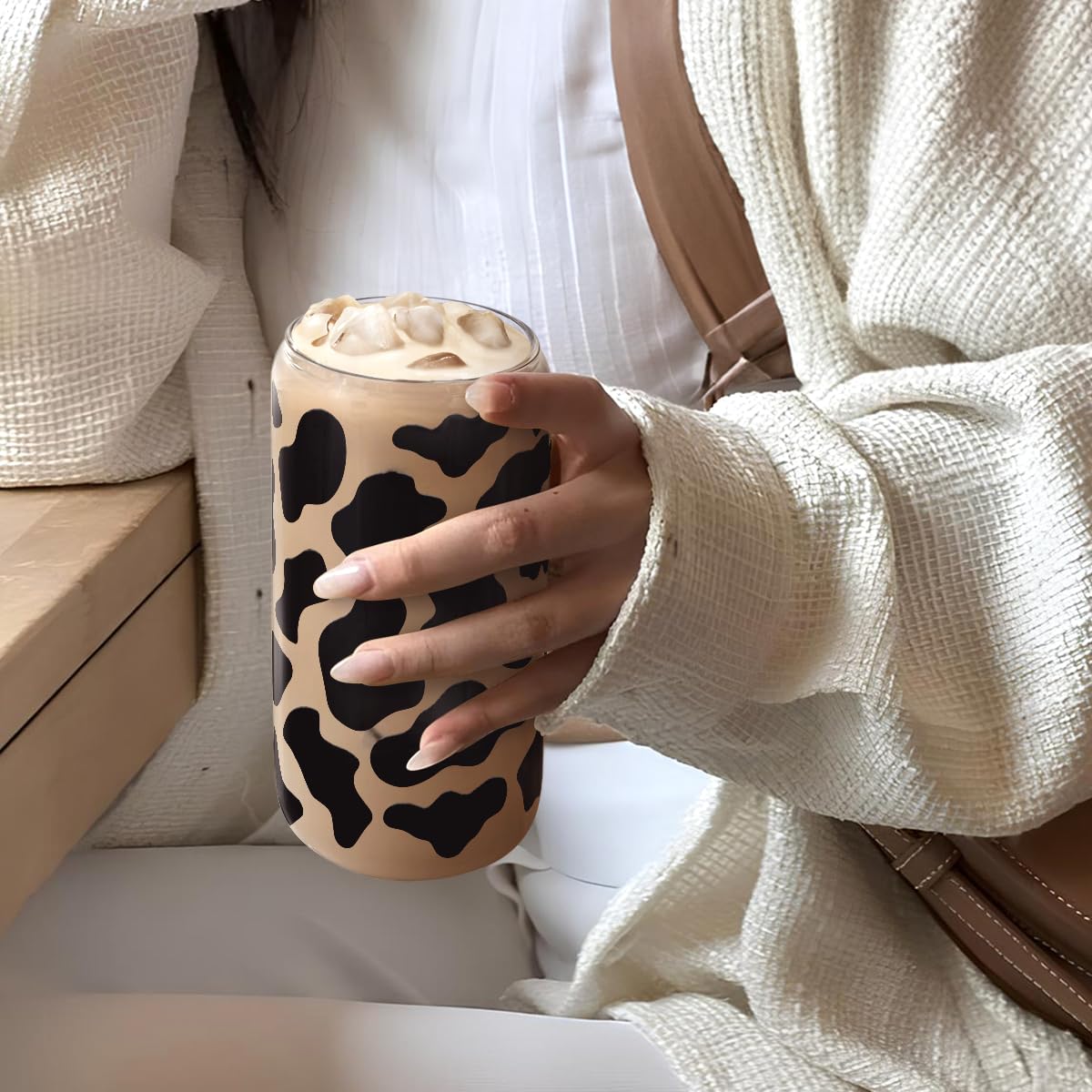 Glass Cup with Lid & Straw, Iced Coffee Aesthetic Glass Can, 16oz