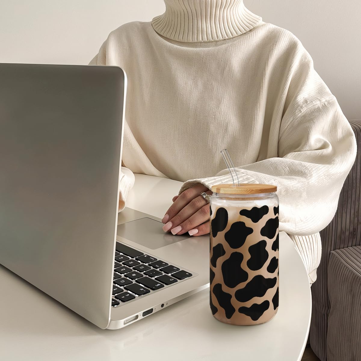 Glass Cup with Lid & Straw, Iced Coffee Aesthetic Glass Can, 16oz