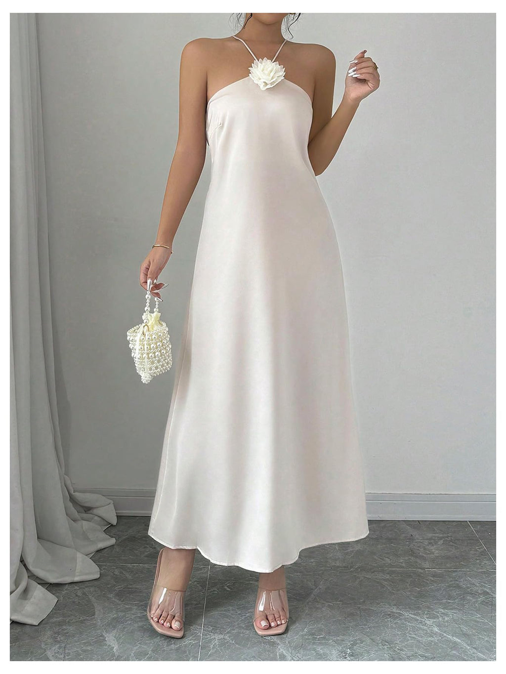 Women's 3D Floral Halter Dress Criss Cross Backless Sleeveless Maxi Dresses