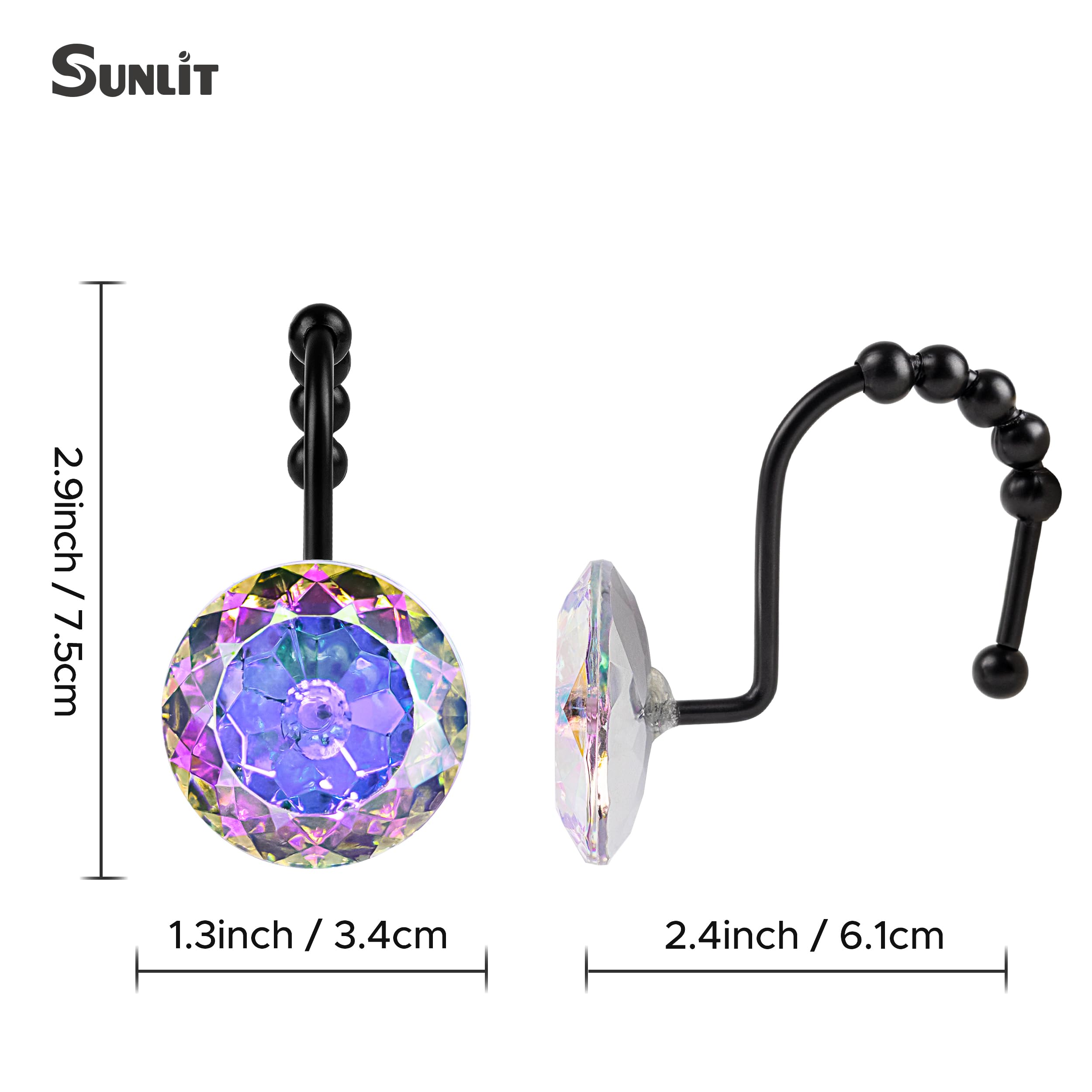 Luxury Design Round Diamond Crystal Gem Bling with Glide Balls Shower Curtain Hooks, Rust Proof Metal Rhinestones Glam Shower Curtain Rings-12 Pack