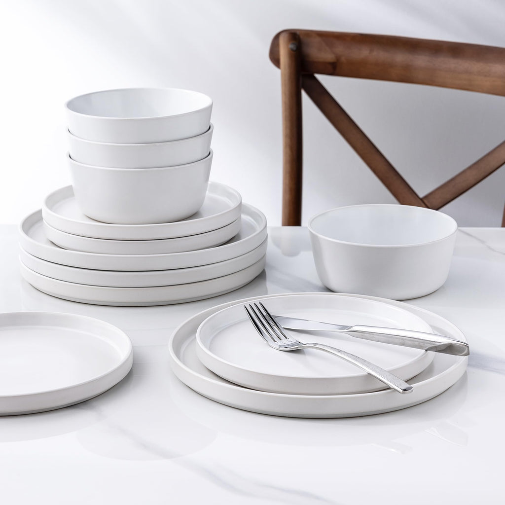 Ceramic Dinnerware Sets for 4, Modern Flat Stoneware Plates and Bowls Sets,Chip and Crack Resistant | Dishwasher & Microwave Safe Dishes Set, Scratch Resistant- Service for 4 (12pc)