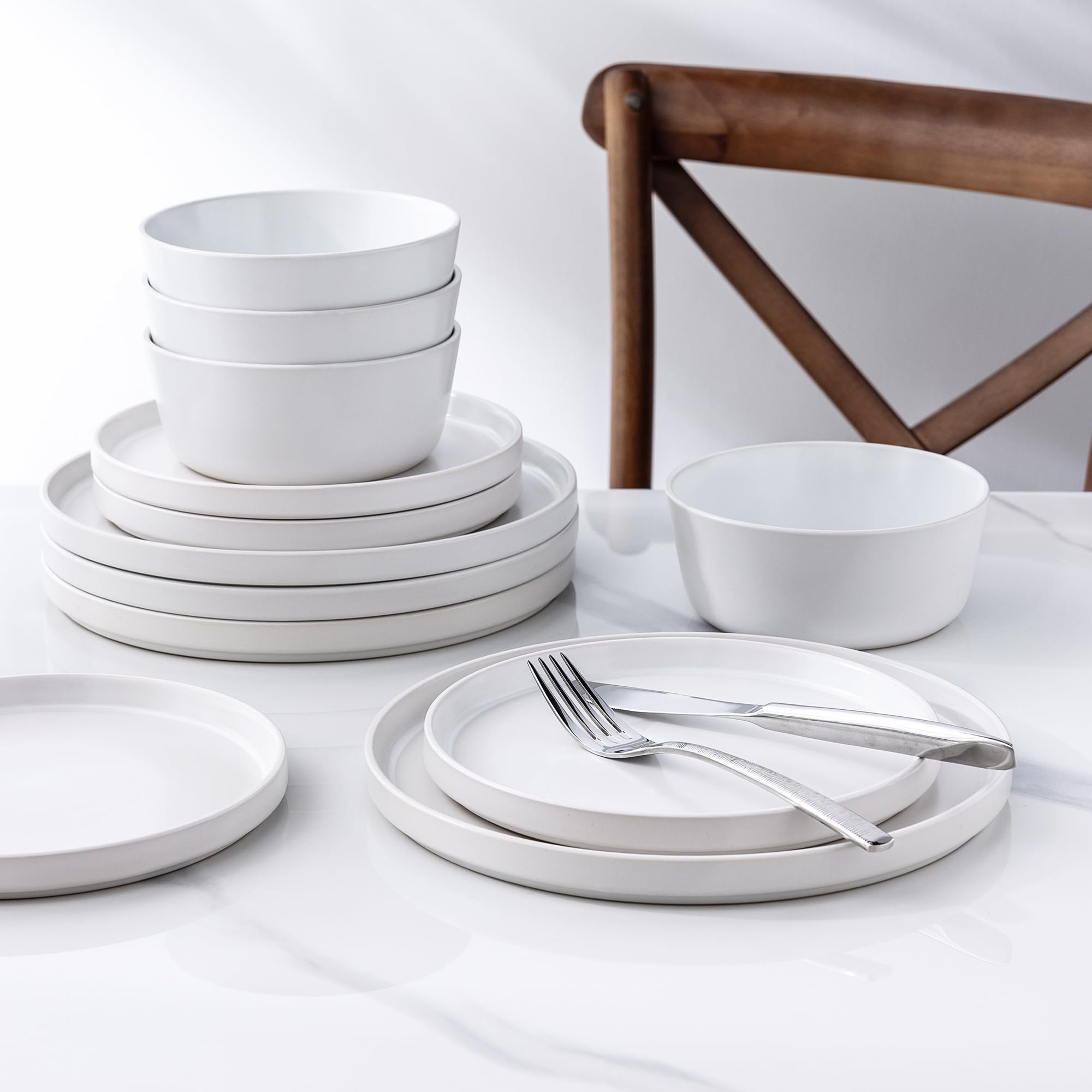 Ceramic Dinnerware Sets for 4, Modern Flat Stoneware Plates and Bowls Sets,Chip and Crack Resistant | Dishwasher & Microwave Safe Dishes Set, Scratch Resistant- Service for 4 (12pc)