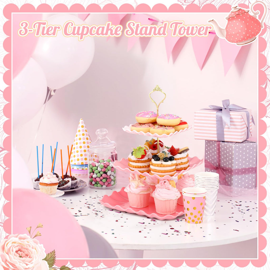 Dessert 2 Pack 3 Tier Cupcake Stand Pink Plates Plastic Square Tiered Serving Stand Display Tower