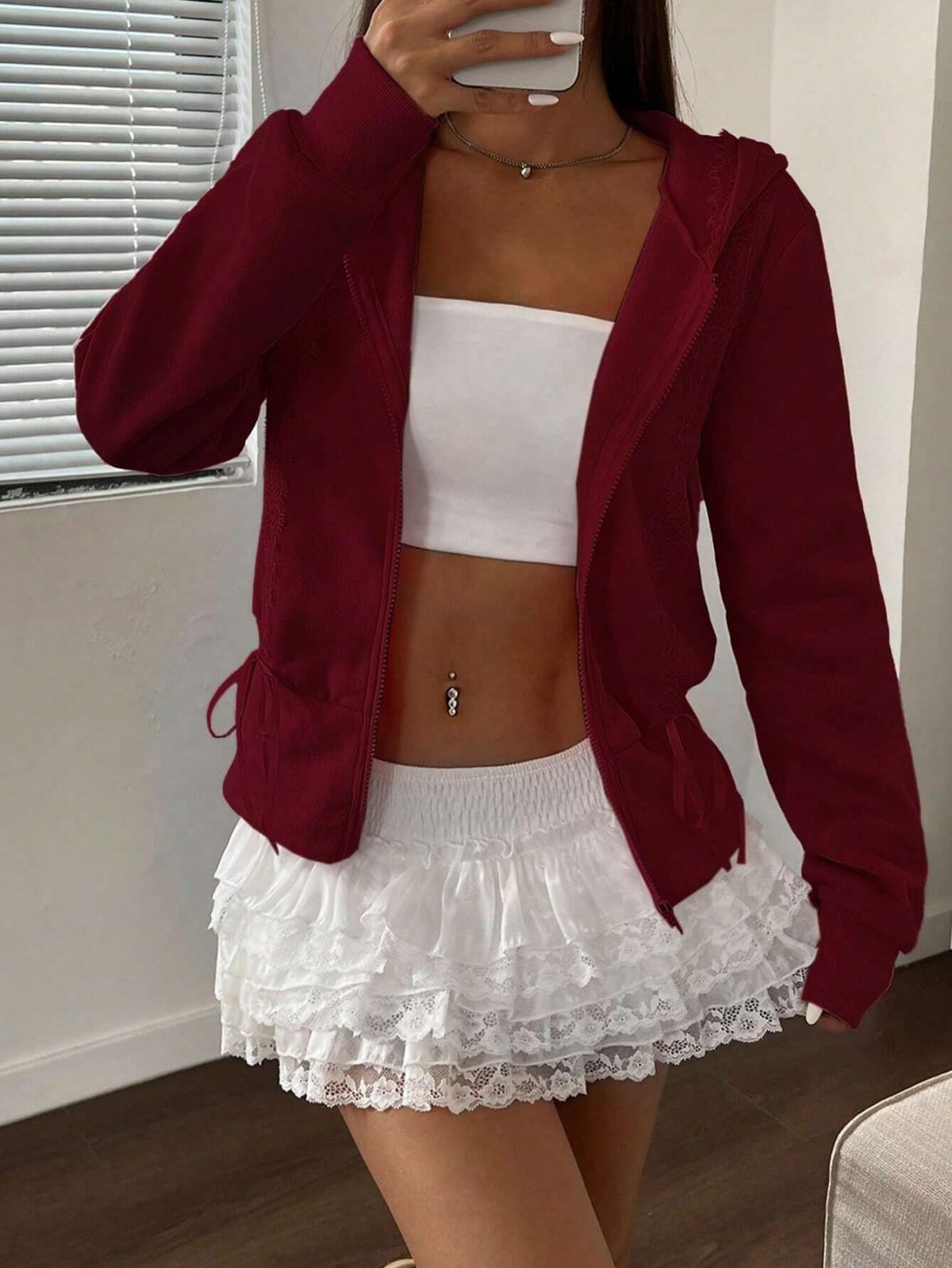 Women's Lace Patchwork Bow Zip-Up Crop Hoodie â€?Y2K Coquette Fleece Casual Hooded Sweatshirt