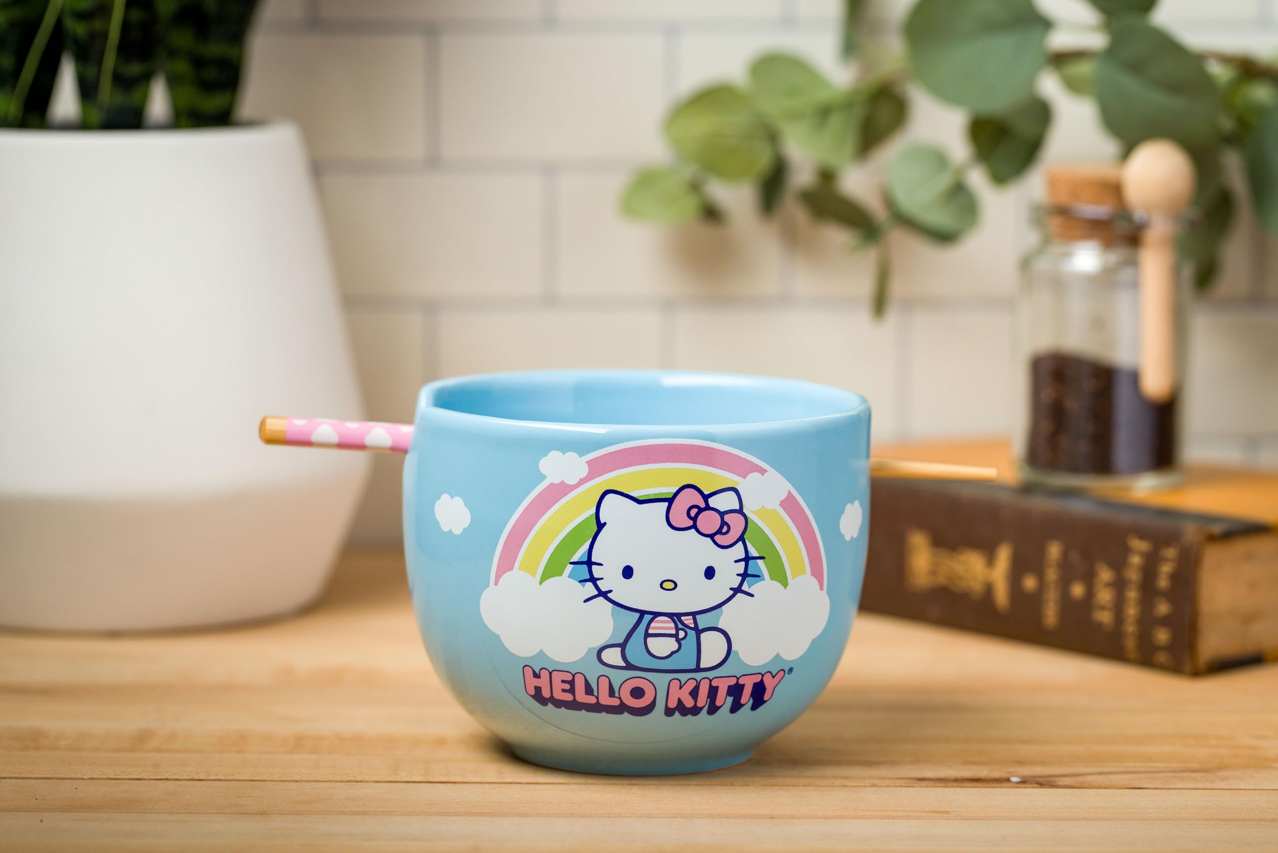 Ceramic Sanrio Hello Kitty Ramen Noodle Rice Bowl with Chopsticks, Microwave Safe