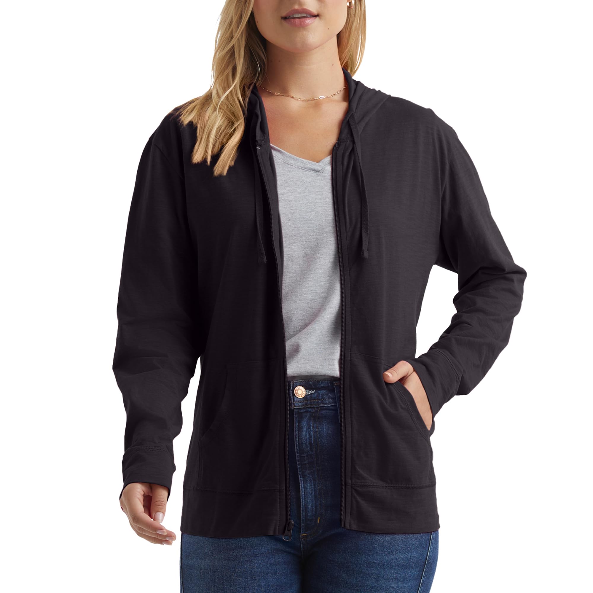 Women's Slub Knit Full-Zip Hoodie, Textured Cotton Zip-Up T-Shirt Hoodie