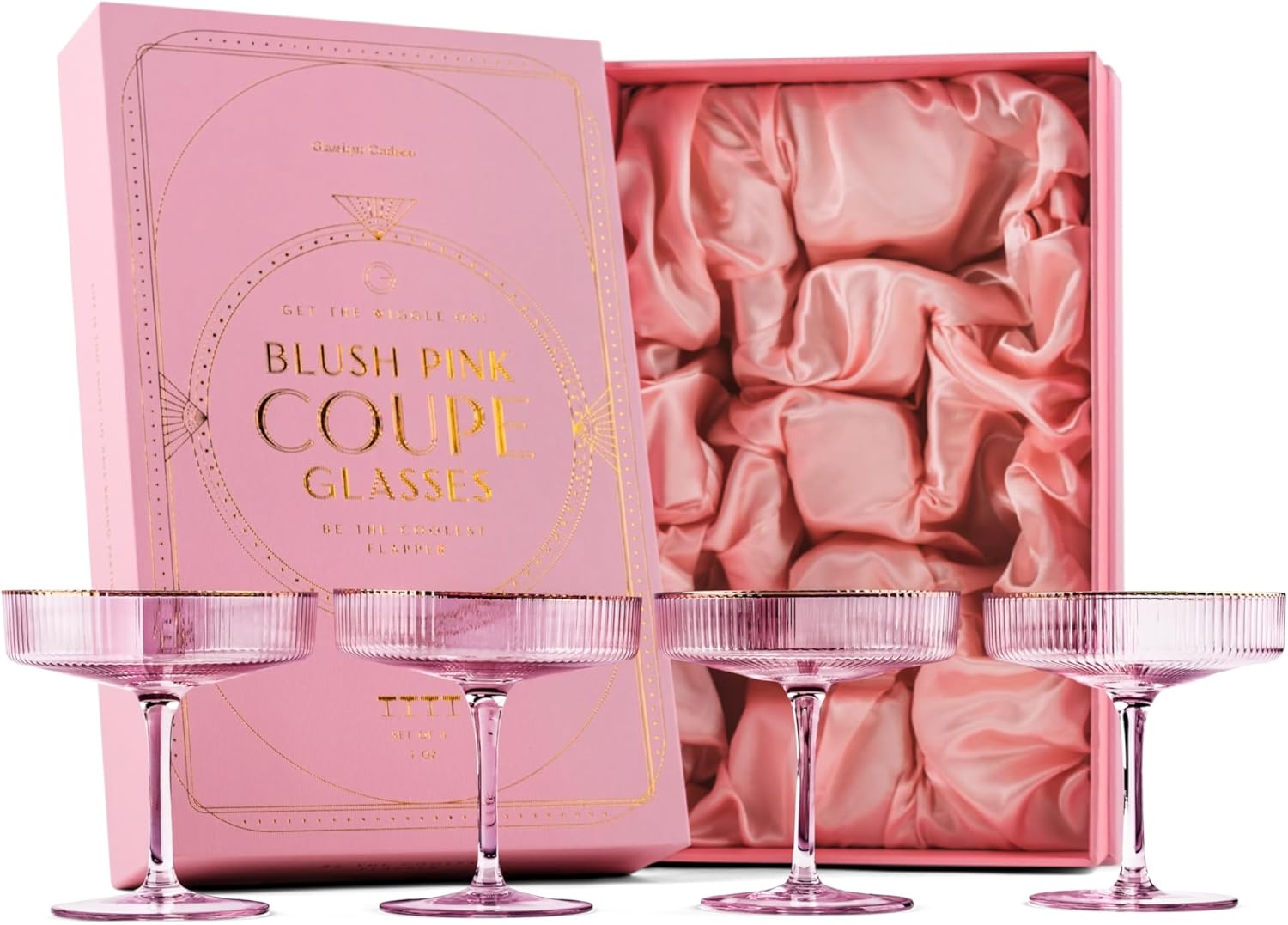 Vintage Art Deco Blush Pink Coupe Glasses with Gold Rims | Set of 4 | 7 oz Crystal Ribbed Cocktail Glassware