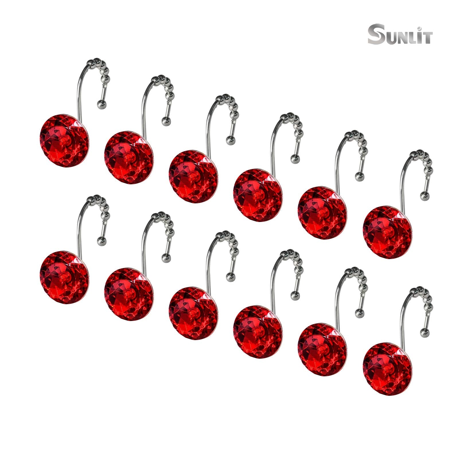 Luxury Design Round Diamond Crystal Gem Bling with Glide Balls Shower Curtain Hooks, Rust Proof Metal Rhinestones Glam Shower Curtain Rings-12 Pack