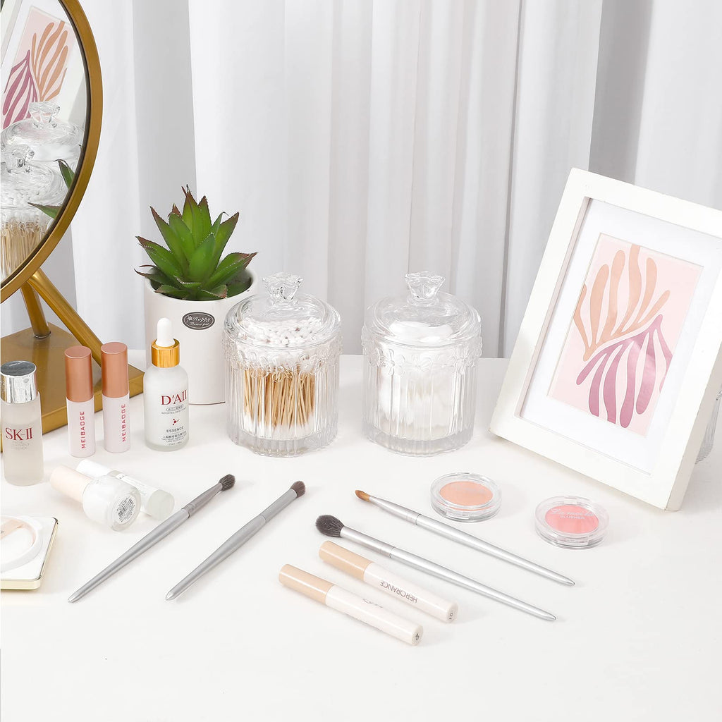 Qtip Holder Glass Apothecary Jars with Lids Set Bathroom Canisters Dispenser Organizers and Storage for Cotton Swabs, Balls, Pads, Floss Picks, Candy 2 Pack