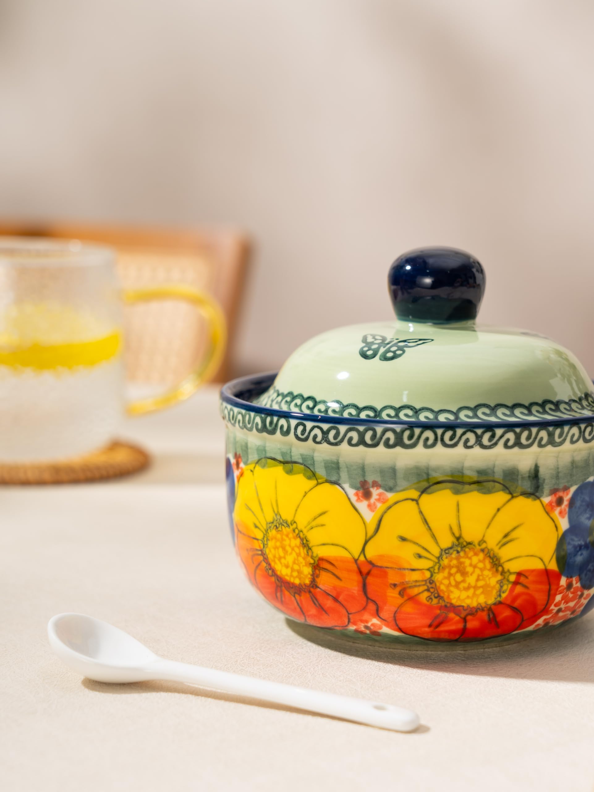 Handmade Sugar Bowl with Lid and Spoon, 10 Ounce Ceramic Hand-Painted Sugar Jar for Kitchen Oven, Dishwasher & Microwave Safe, Glazed