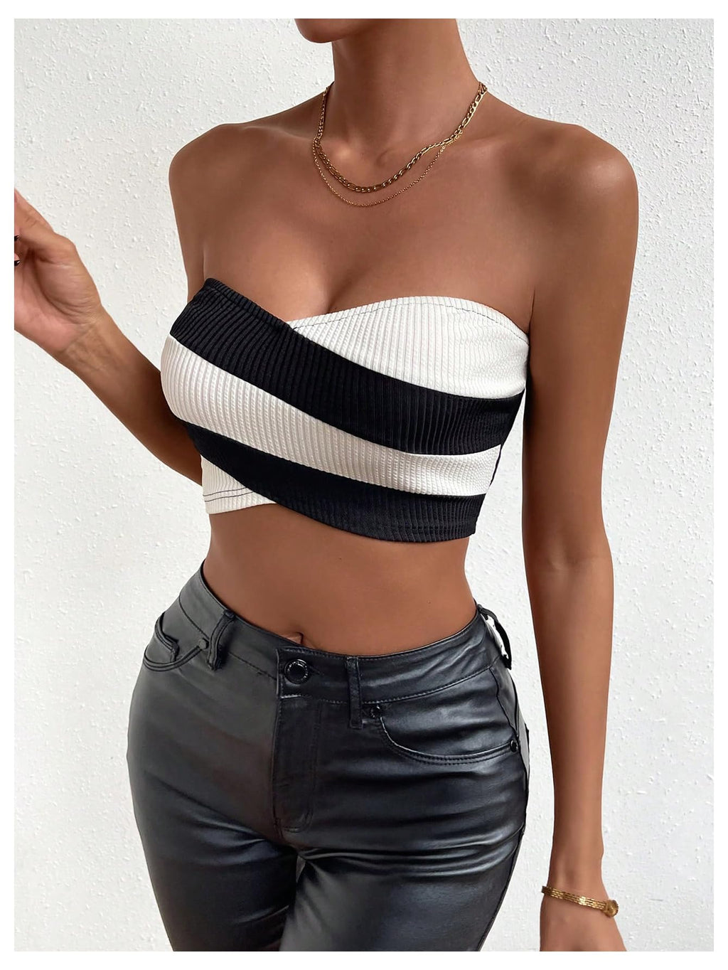 Women's Striped Criss Cross Strapless Tube Crop Top Sleeveless Ribbed Bandeau