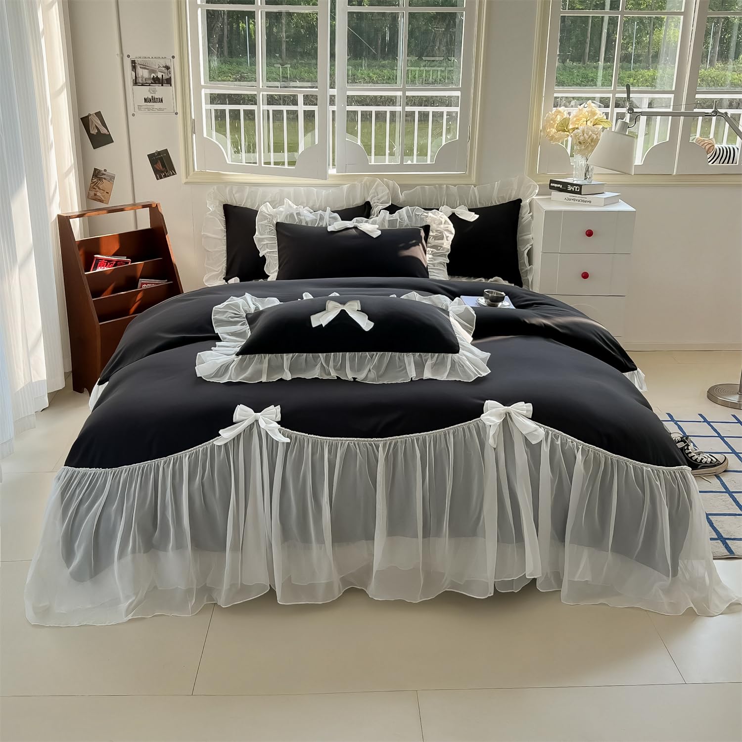 Girls Lace Bedding,Queen Comforter Cover Set, Chic Ruffled Duvet Cover with Lovely Bow,Princess Style 1 Duvet Cover with 2 Pillowcases, No Comforter-Hot Pink,Full Size