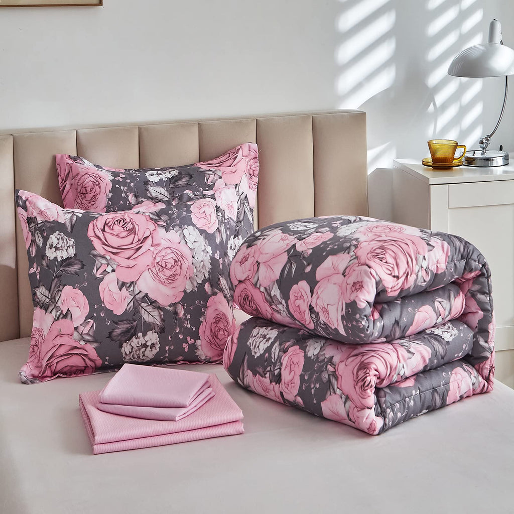 Flower Comforter Sheet Set White Bed in a Bag 7 Pieces Size, Pink Floral Microfiber Bedding Set (1 Comforter 2 Pillow Shams 1 Flat Sheet 1 Fitted Sheet 2 Pillowcases)