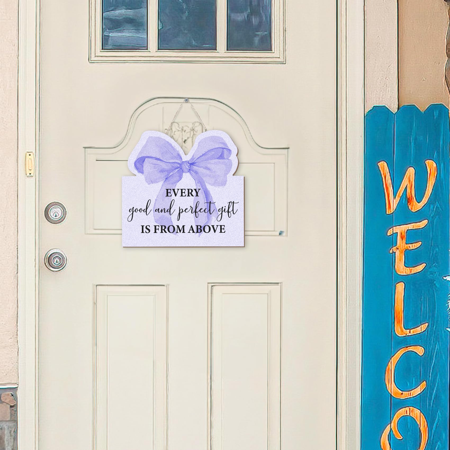 Preppy Pink Bow Front Porch Door Decor, Scripture Wall Hanging Decor - Every Good and Perfect is from Above, 12x12 Inch