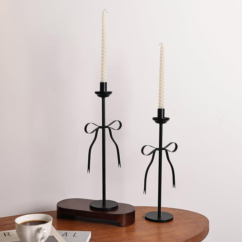 Elegant Black Taper Candlestick Holders, Set of 2 Bow Candle Stick Holders