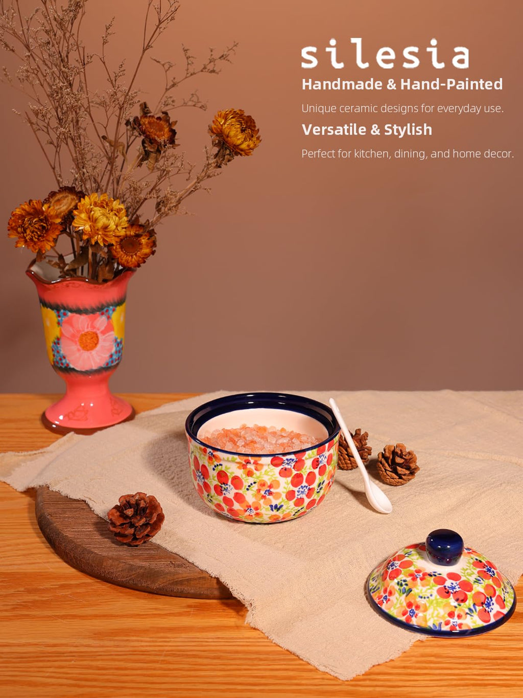 Handmade Sugar Bowl with Lid and Spoon, 10 Ounce Ceramic Hand-Painted Sugar Jar for Kitchen Oven, Dishwasher & Microwave Safe, Glazed