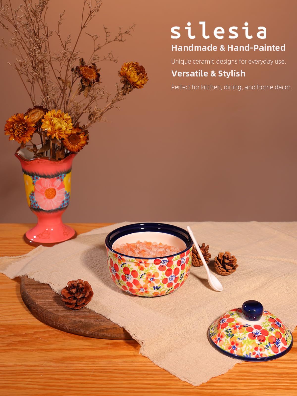 Handmade Sugar Bowl with Lid and Spoon, 10 Ounce Ceramic Hand-Painted Sugar Jar for Kitchen Oven, Dishwasher & Microwave Safe, Glazed