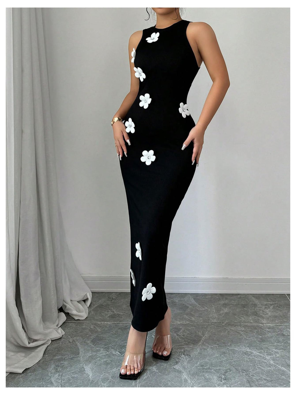 Women's 3D Flower Long Dress Cut Out Back Bodycon Sleeveless Elegant Maxi Dres