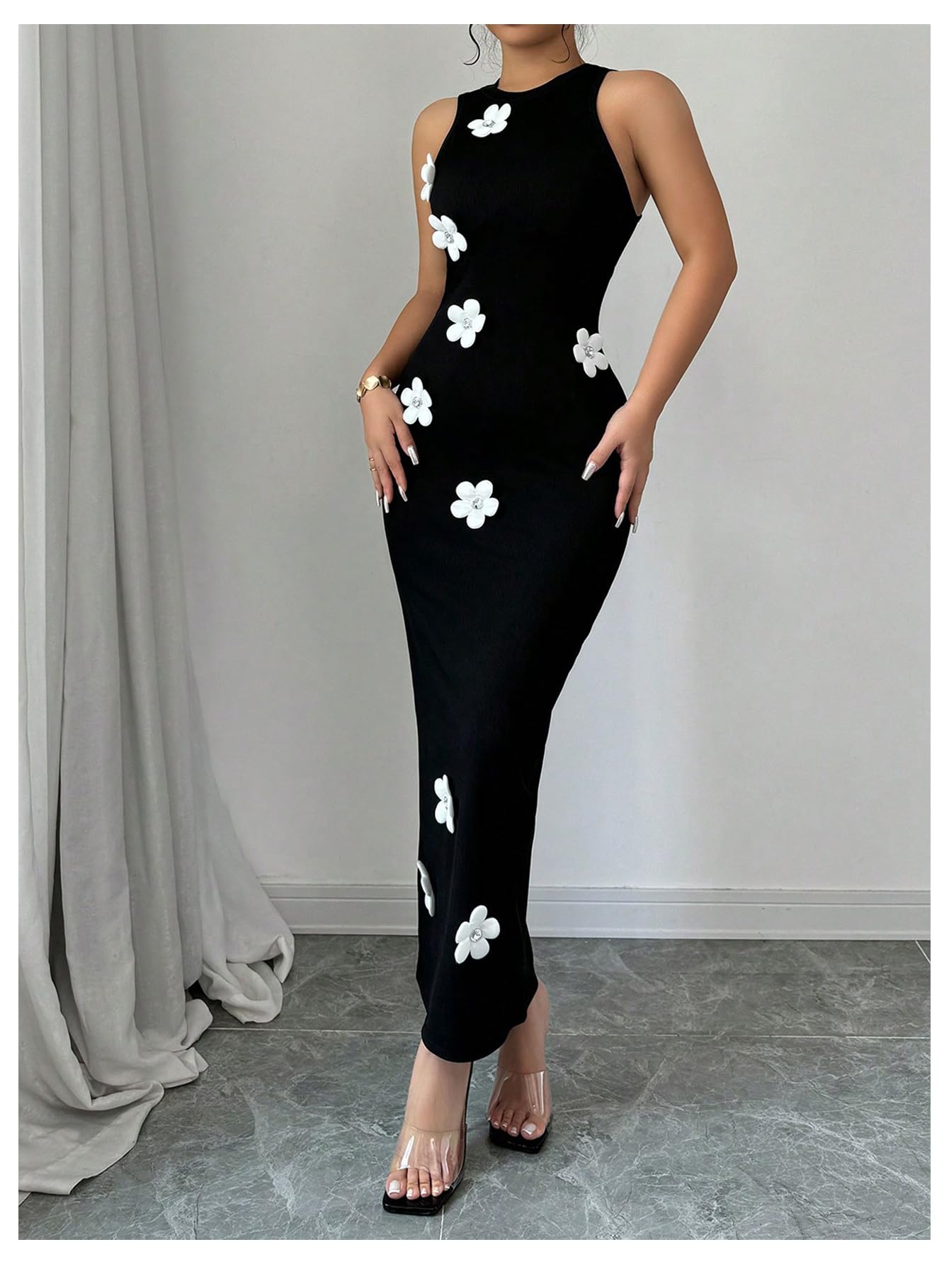 Women's 3D Flower Long Dress Cut Out Back Bodycon Sleeveless Elegant Maxi Dres