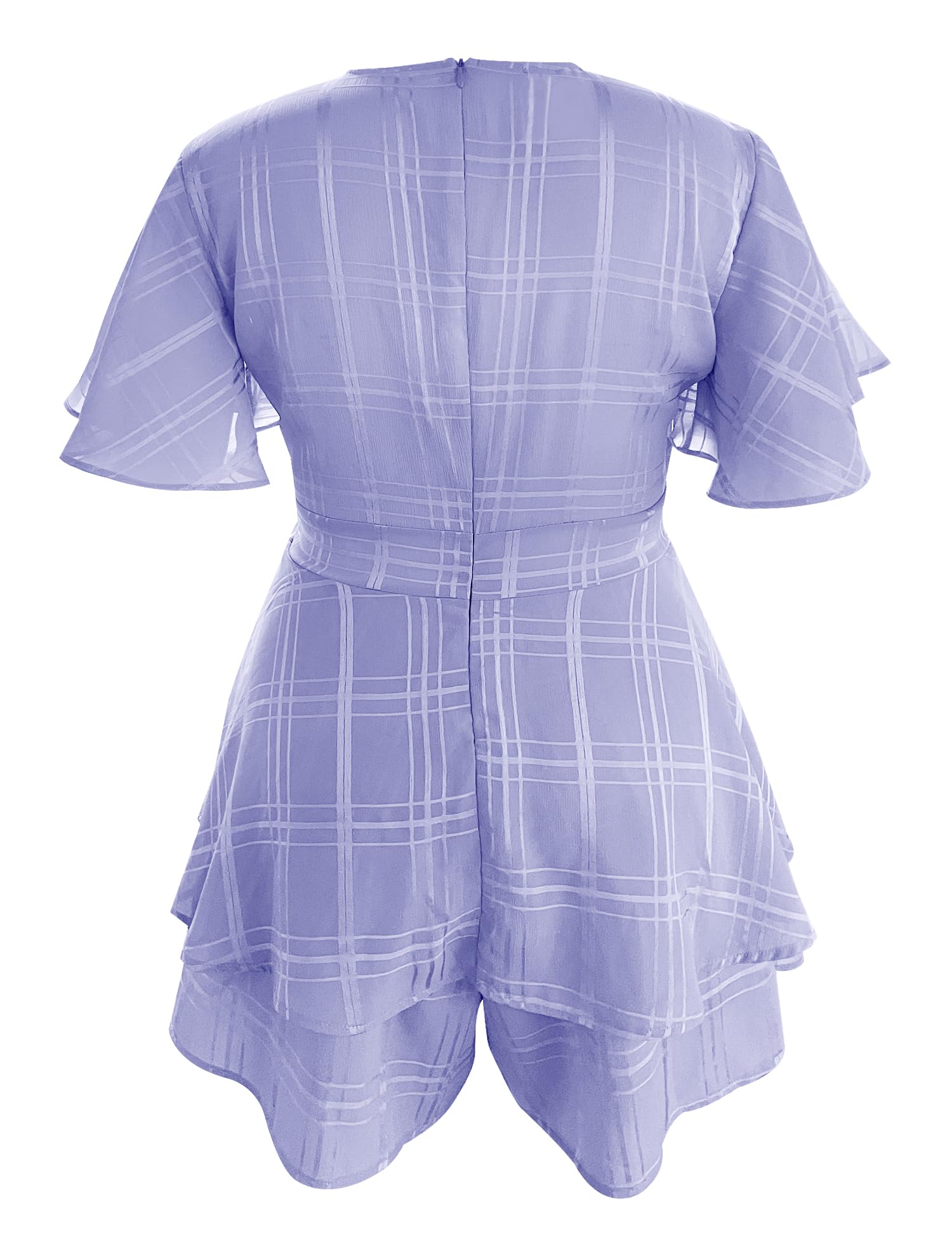 Women's Floral Rompers Jumpsuits V Neck Short Baggy Sleeve Waist Tie Double Layer Ruffle Hem Romper