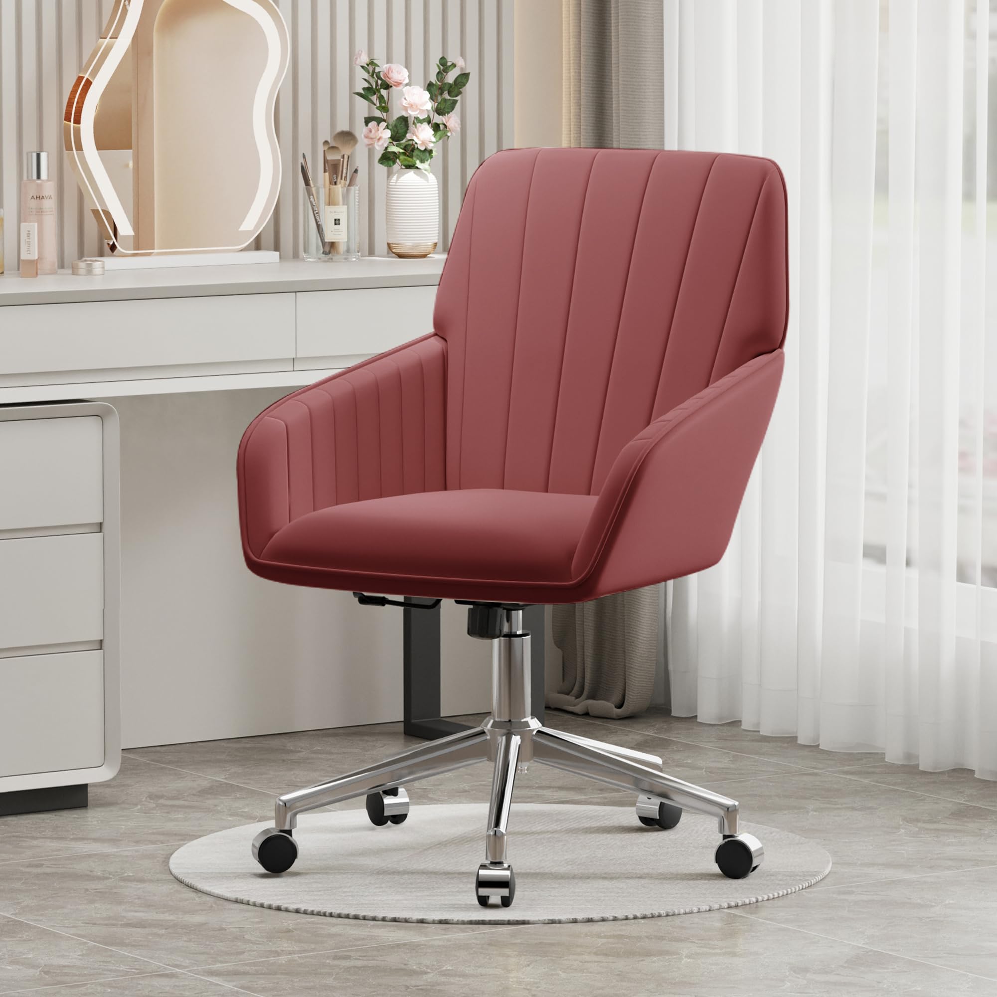 Velvet Modern Cute Chair with Back, Height Adjustable Upholstered Vanity Chair with Swivel Wheels
