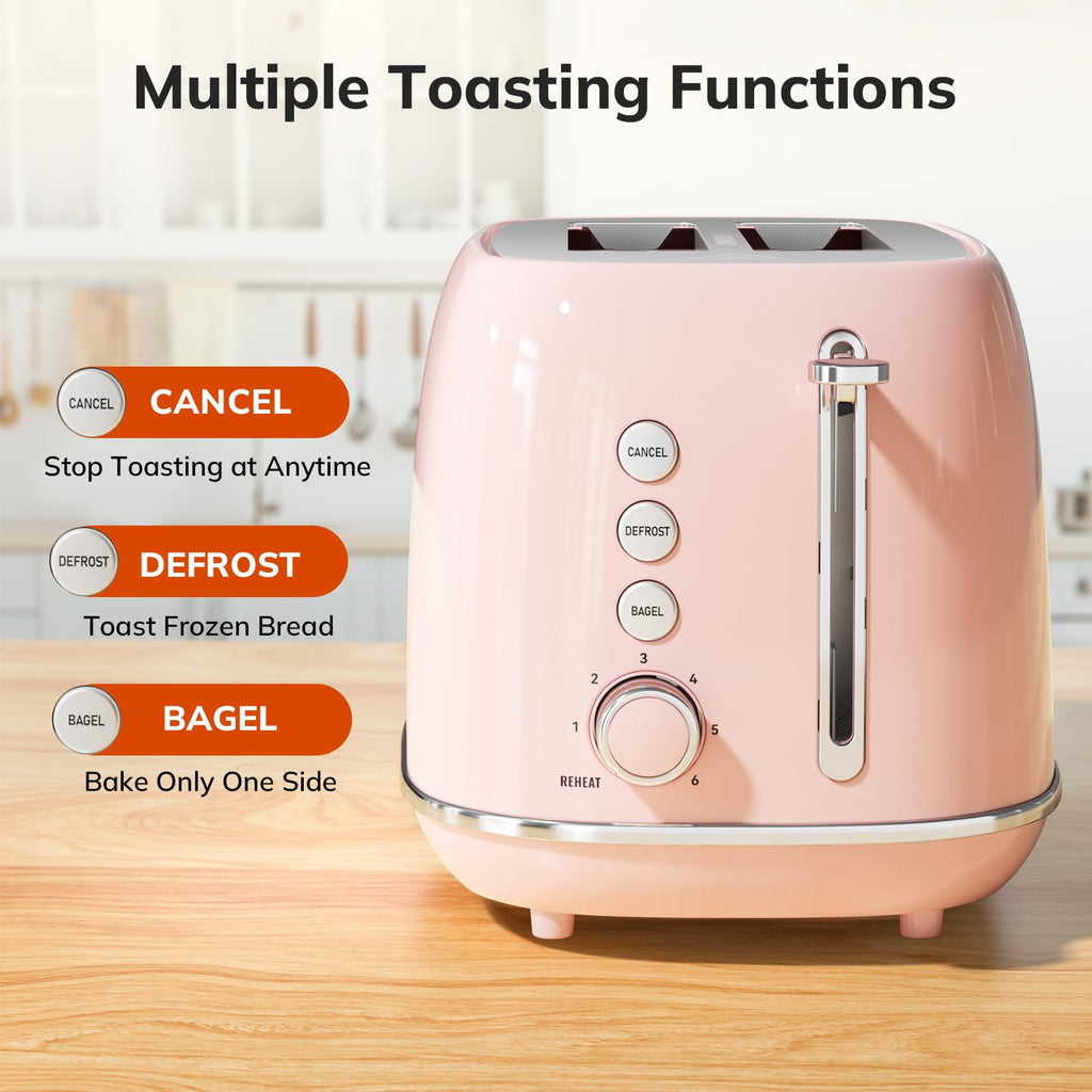 Toaster 2 Slice Stainless Steel with 6 Bread Shade Settings, Retro Toaster with Extra Wide Slot