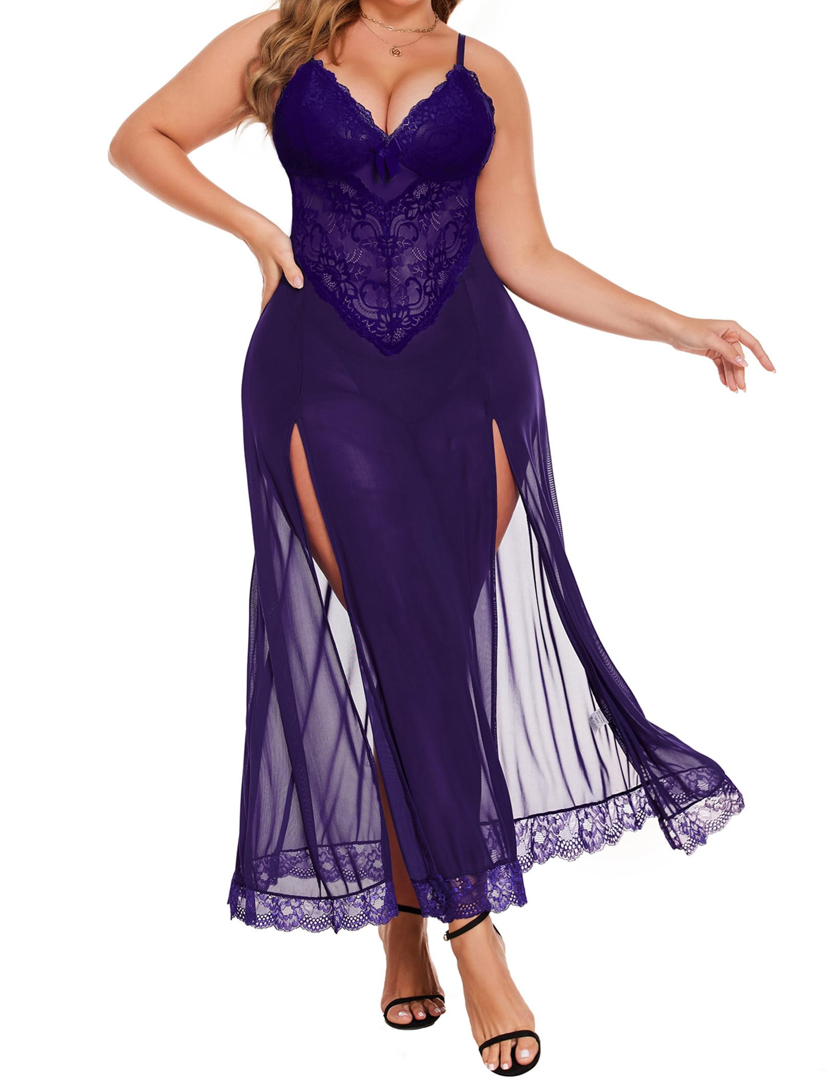 Plus Size Lingerie For Women Babydoll Sexy Mesh Maxi Nightdress Exotic Sleepwear Side Slits